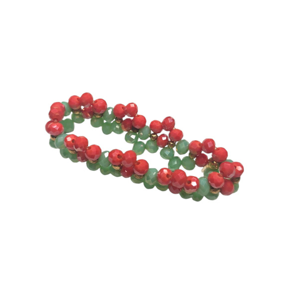 Rubylishious 
Handmade pastel green and red with gold charms glass bracelet 
Sma - Picture 1 of 2